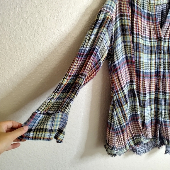 Free People Come On Over Plaid Pleated Oversized Button Up Top Blouse Sz M - Picture 5 of 10